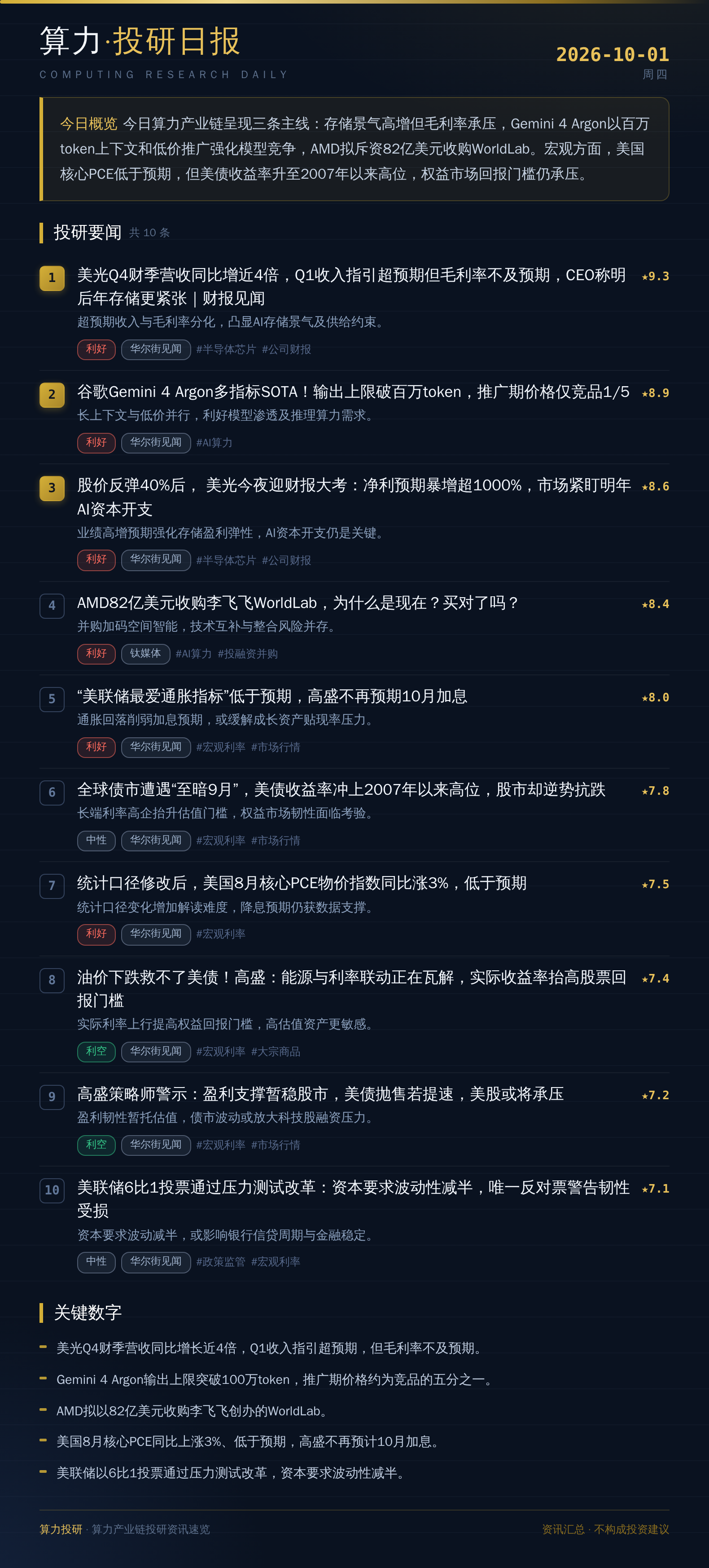 算力投研日报 2026-10-01